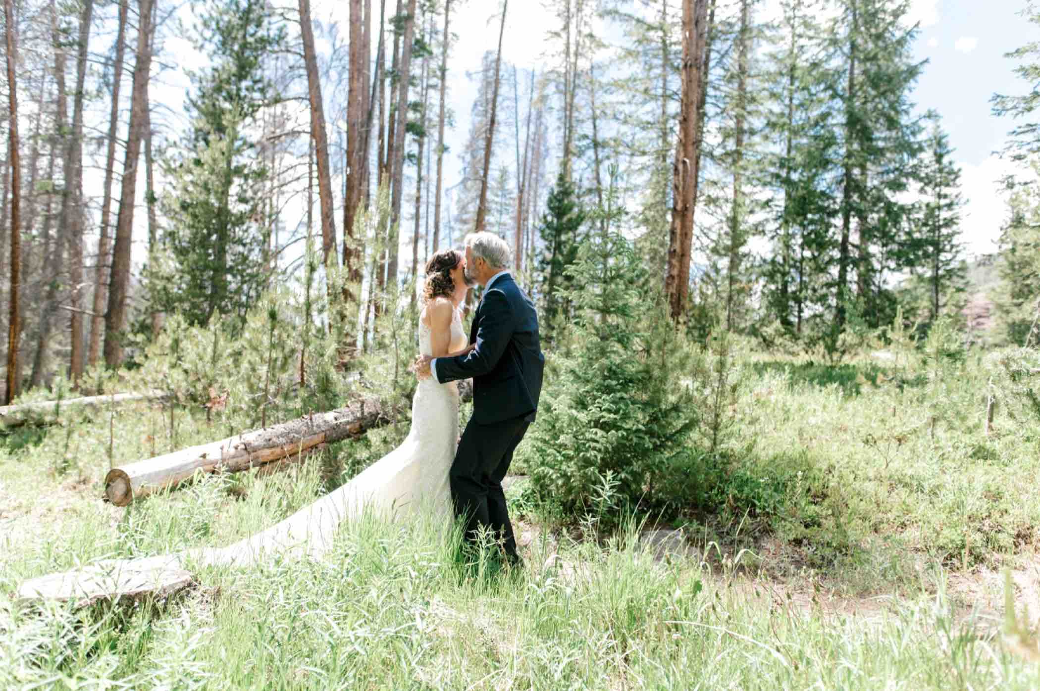 Sallie sees her father before her wedding at Piney River Ranch in Vail, Colorado. Photo by Ali and Garrett, Romantic, Adventurous, Nostalgic Wedding Photographers.