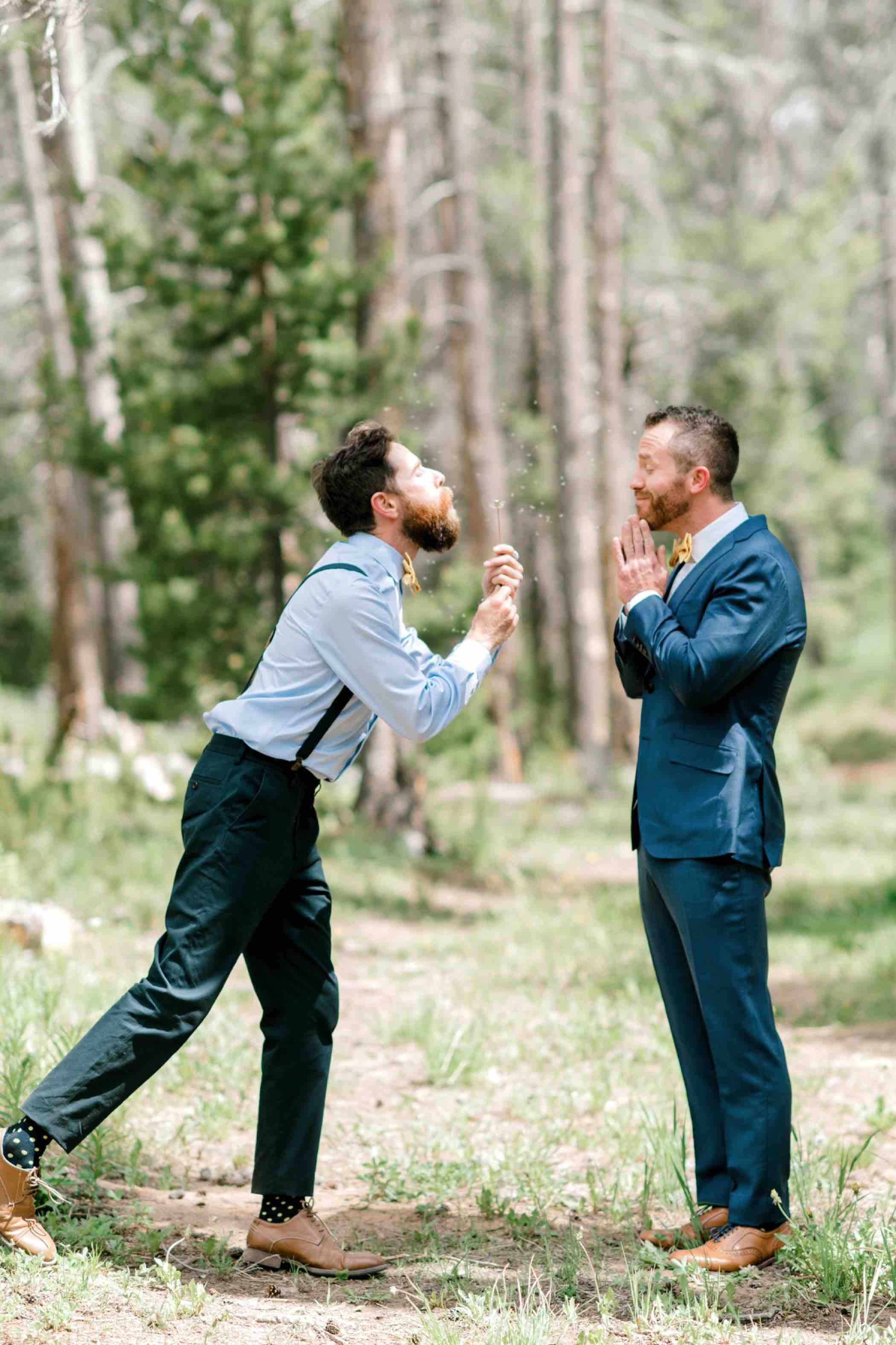 Faux fake proposal groomsmen photos outside Piney River Ranch in Vail in the Colorado Rocky Mountains. Photo by Ali and Garrett, Romantic, Adventurous, Nostalgic Wedding Photographers.