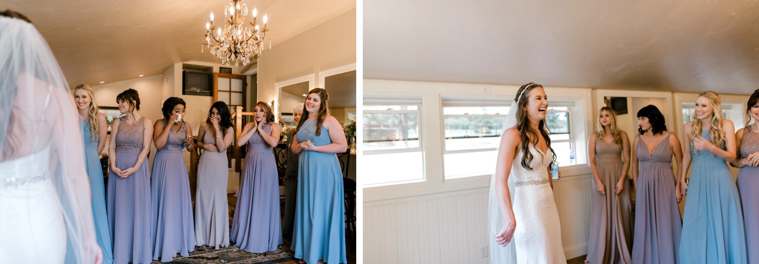 Kristen got ready for her wedding at Spruce Mountain Ranch surrounded by her bridesmaids, who wore a palette of purple, lush and blue gowns. 