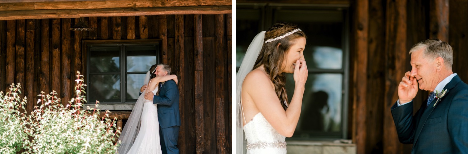 The bride and father of the bride had an emotional reaction upon seeing each other for their first look at Spruce Mountain Ranch in Larkspur, Colorado. 