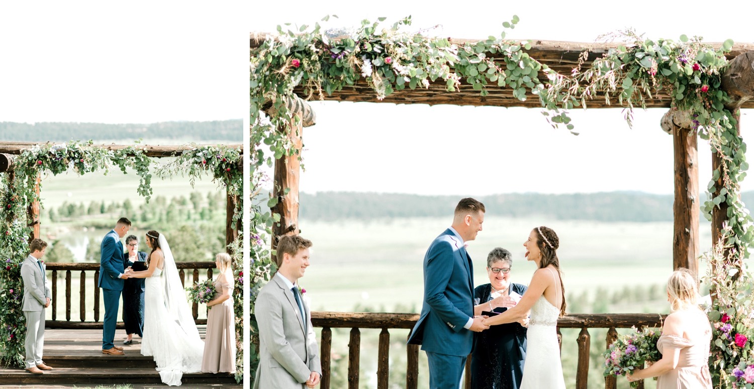 Kristen and Charlton got married under an arbor of greenery at Spruce Mountain Ranch in Larkspur Colorado.