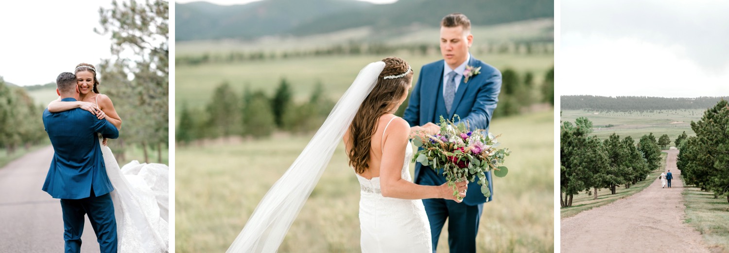 Kristen and Charlton pose for bride and groom portraits following their outdoor wedding ceremony at Spruce Mountain Ranch in Larkspur, Colorado.