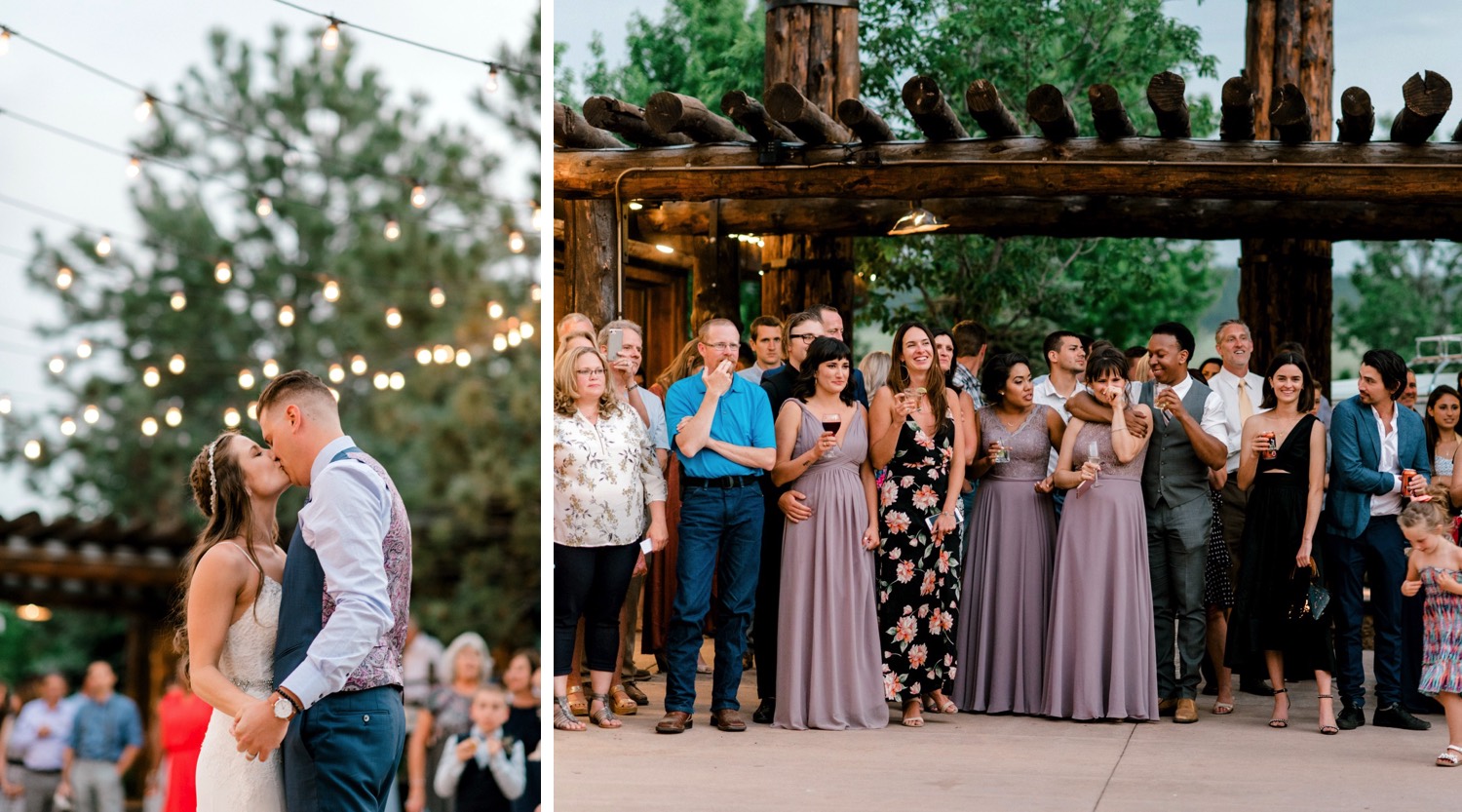 Kristen and Charlton's guests watch as they have their first dances outdoors at Spruce Mountain Ranch in Larkspur, Colorado.