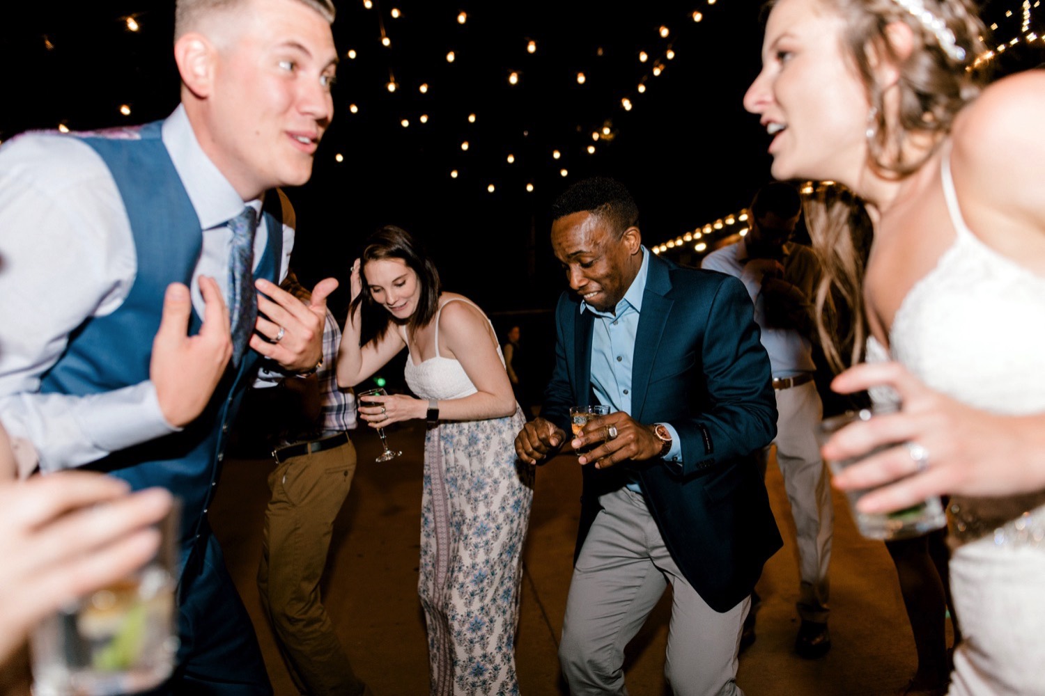 The dance floor was packed all night long for Kristen and Charlton's wedding reception at Spruce Mountain Ranch in Larkspur, Colorado.