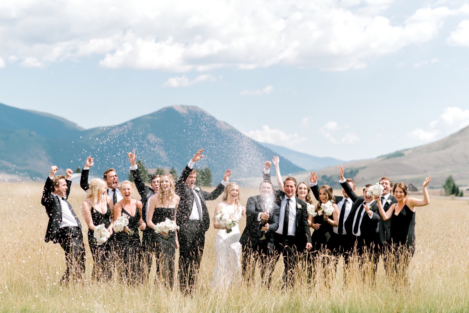 wedding party spraying champagne crested butte wedding