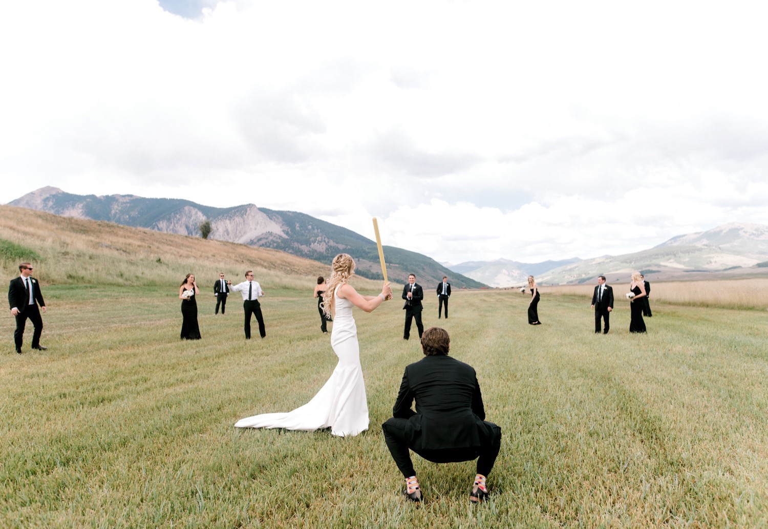 wedding party playing baseball crested butte wedding