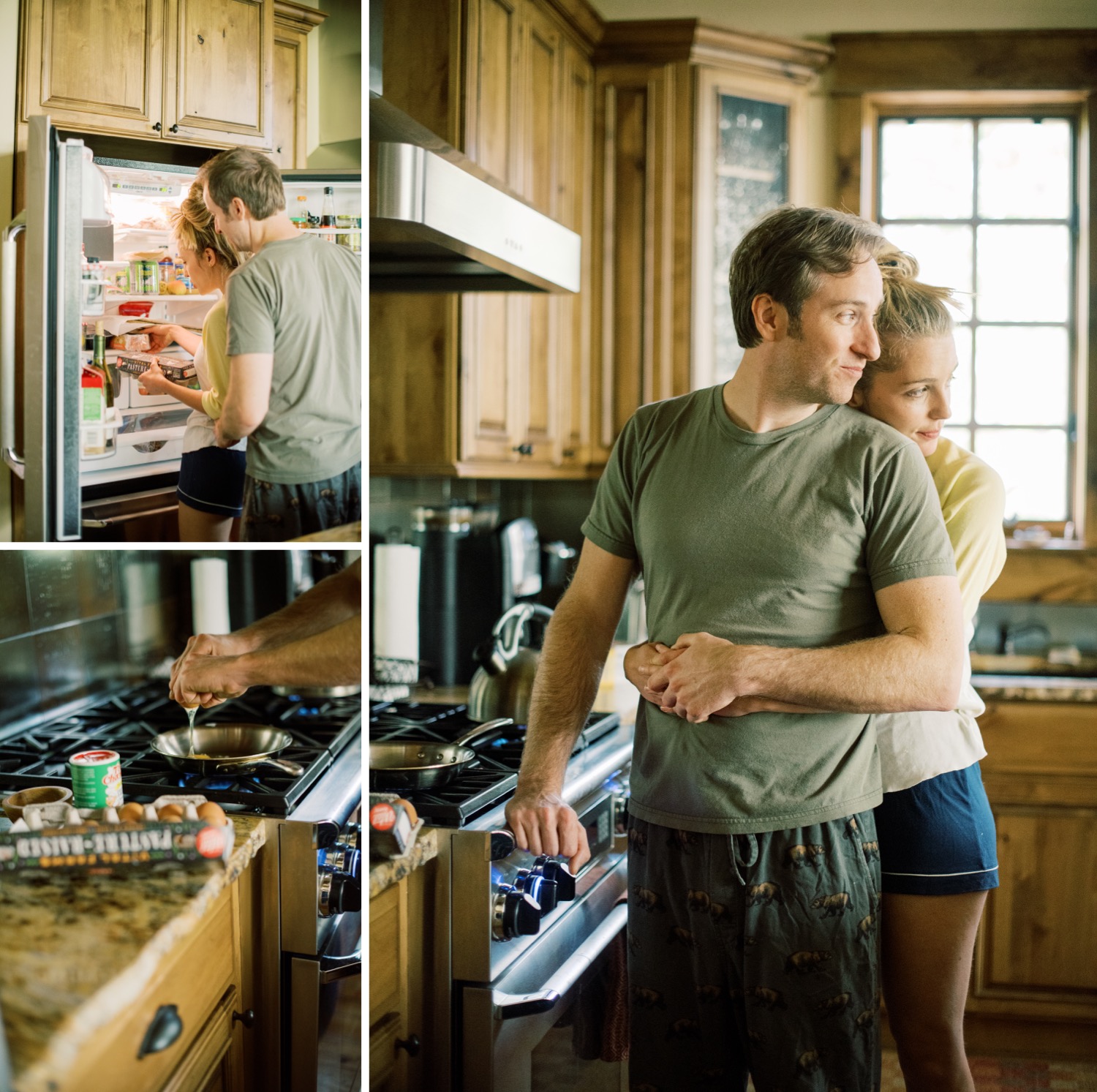 engagement session with dogs, lifestyle engagement session, engagement session cooking breakfast