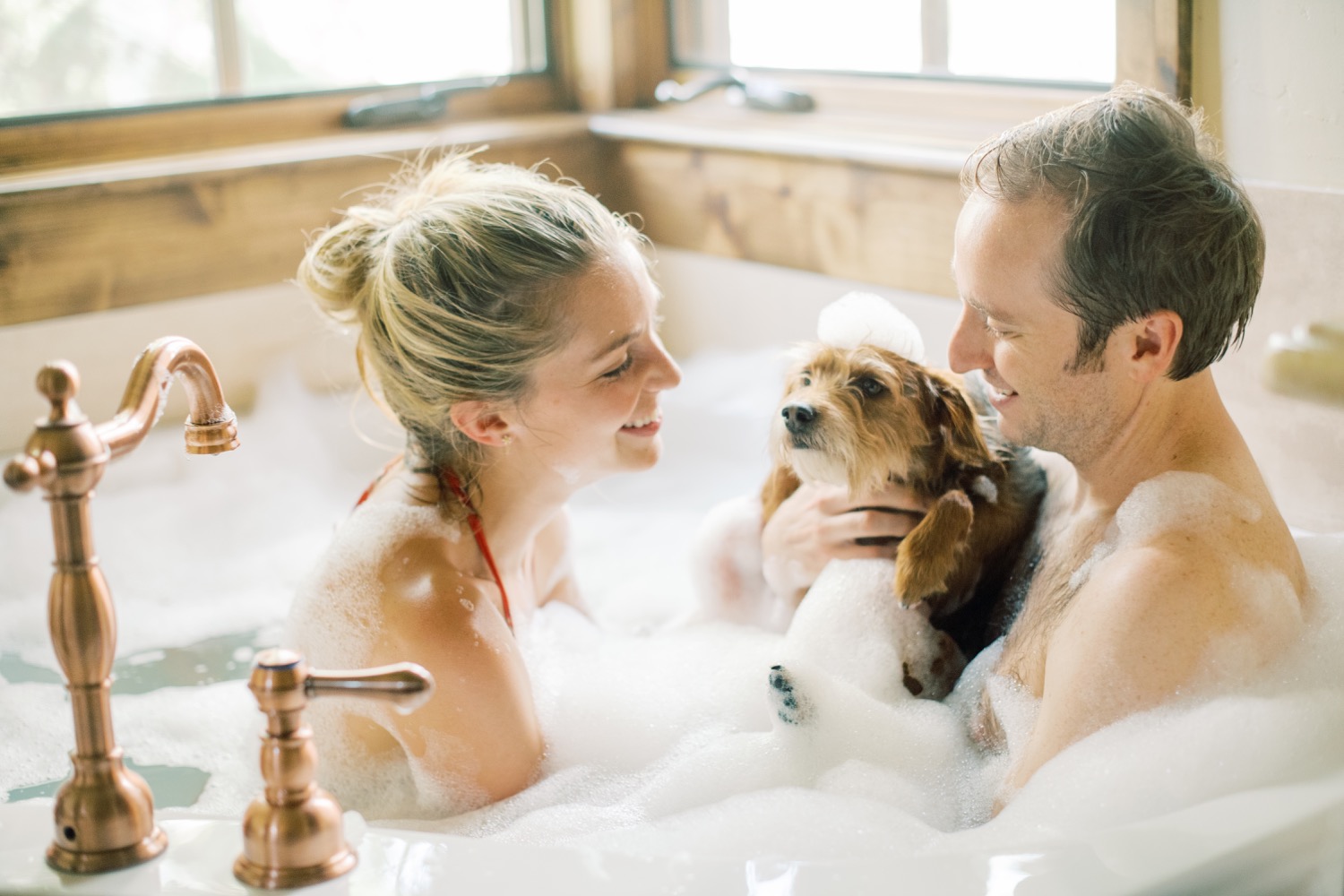 bubble bath engagement session, engagement session with dogs