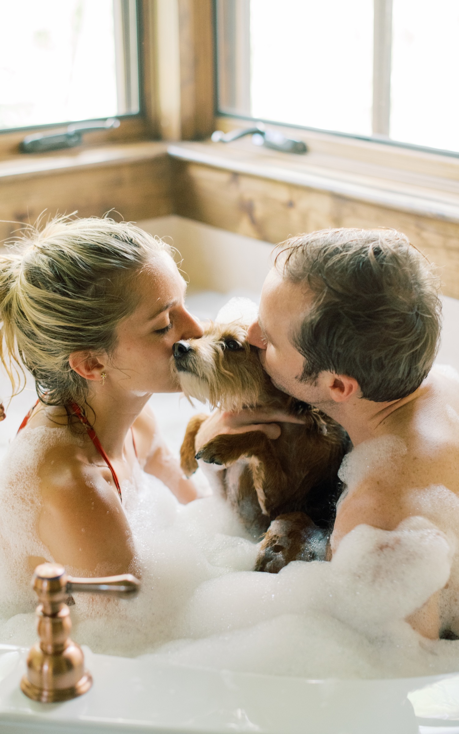 bubble bath engagement session, engagement session with dogs