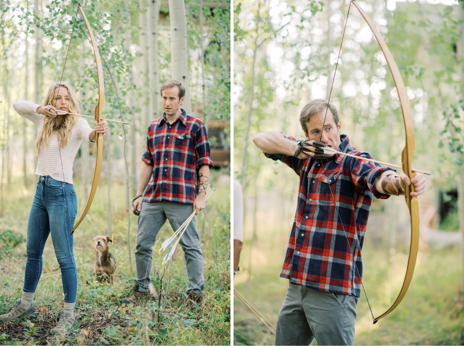 archery engagement session, engagement session with dogs