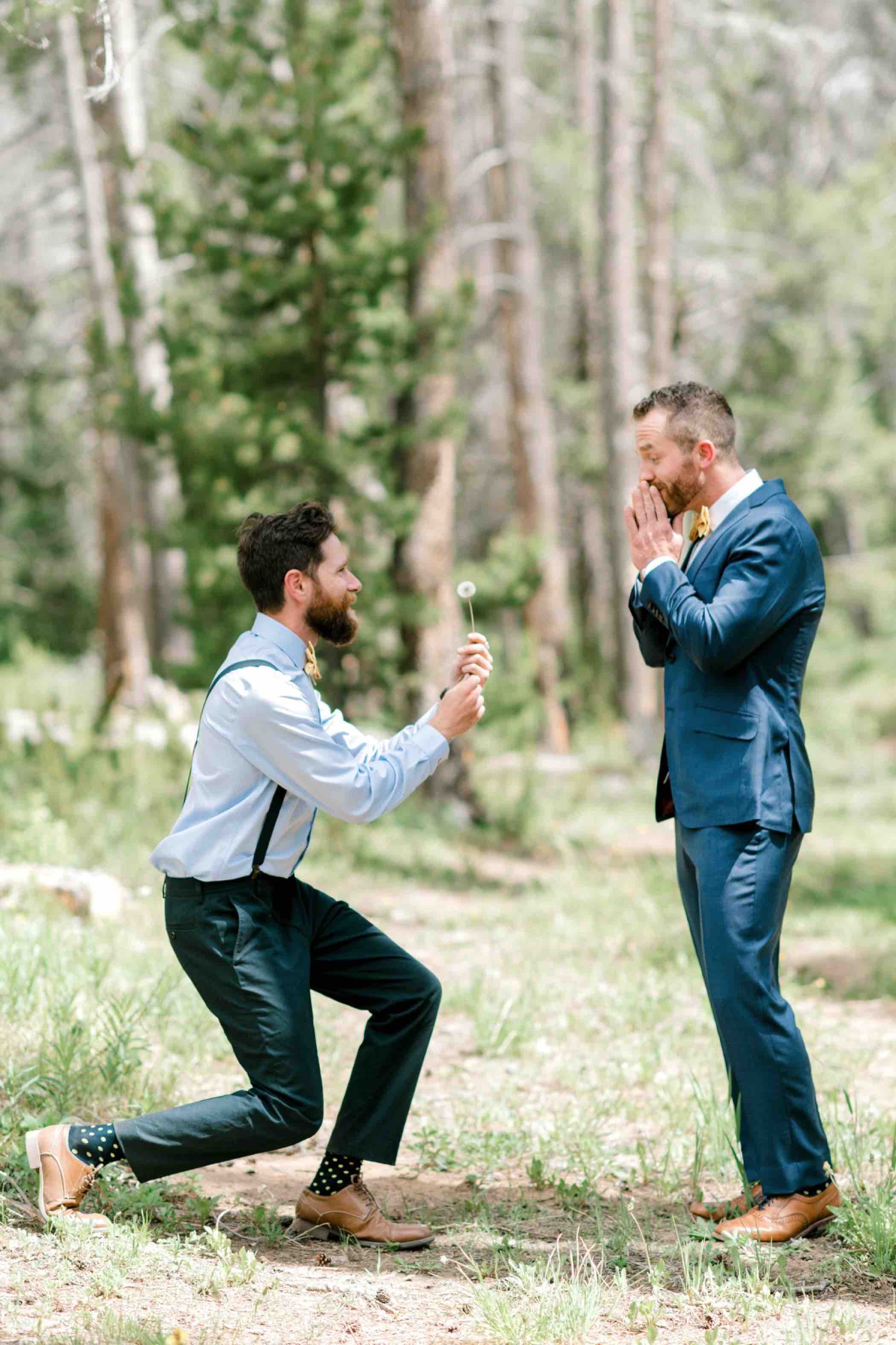 Faux fake proposal groomsmen photos outside Piney River Ranch in Vail in the Colorado Rocky Mountains. Photo by Ali and Garrett, Romantic, Adventurous, Nostalgic Wedding Photographers.
