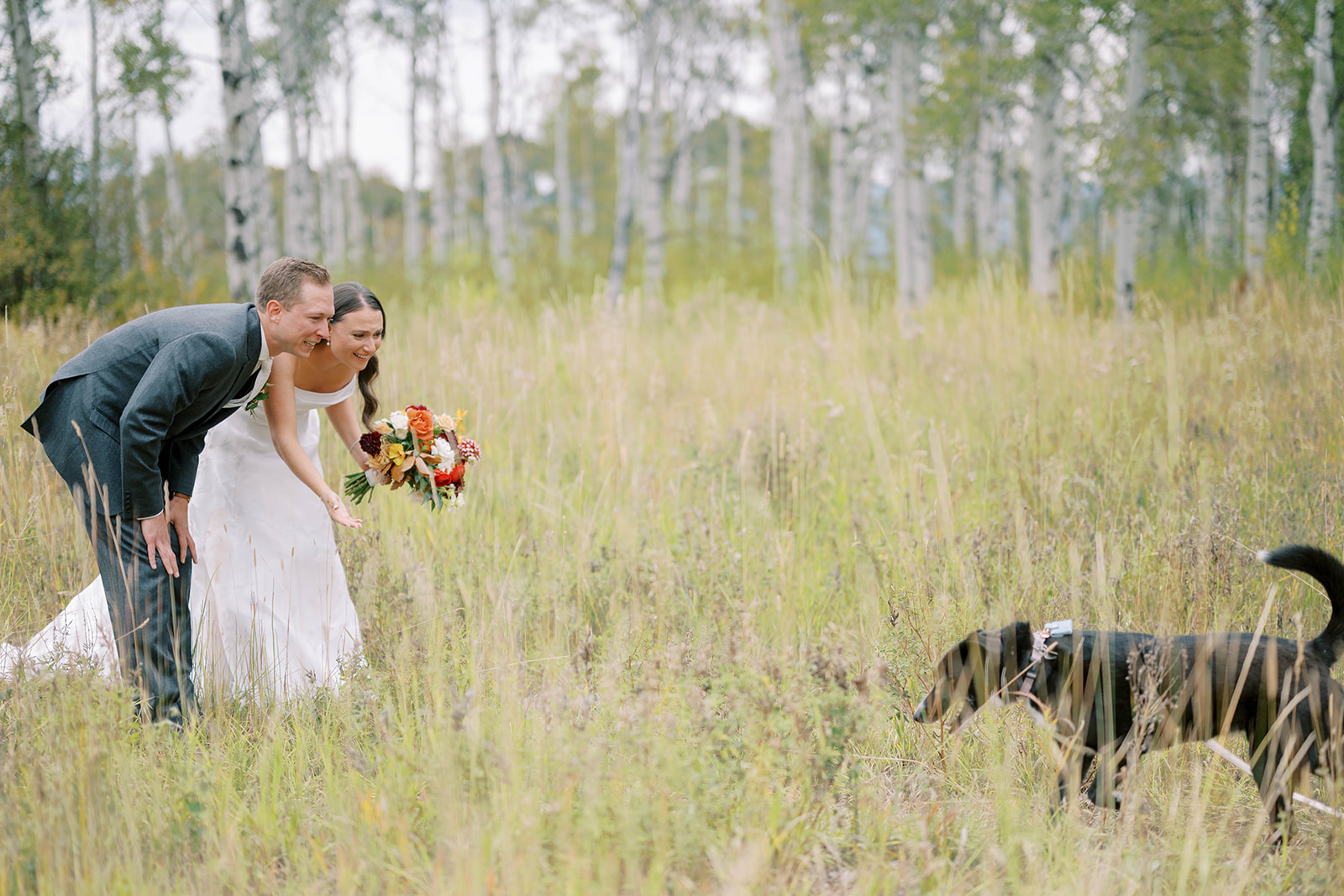 Bride and Groom with Dog at Colorado Ranch Wedding
